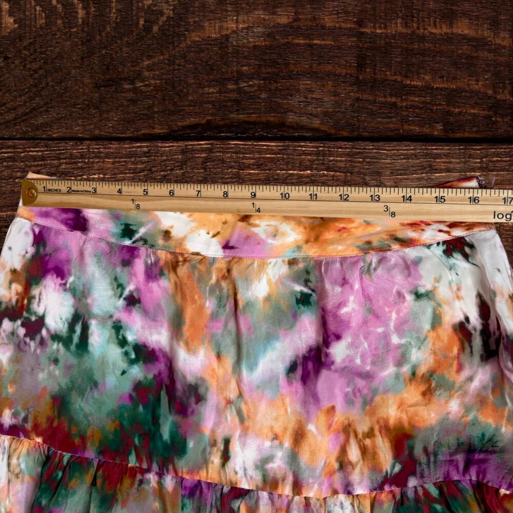 Anthropologie Kachel 100% Silk Abstract Tie-Dye Tiered Midi Skirt Size 10 - Picture 7 of 9